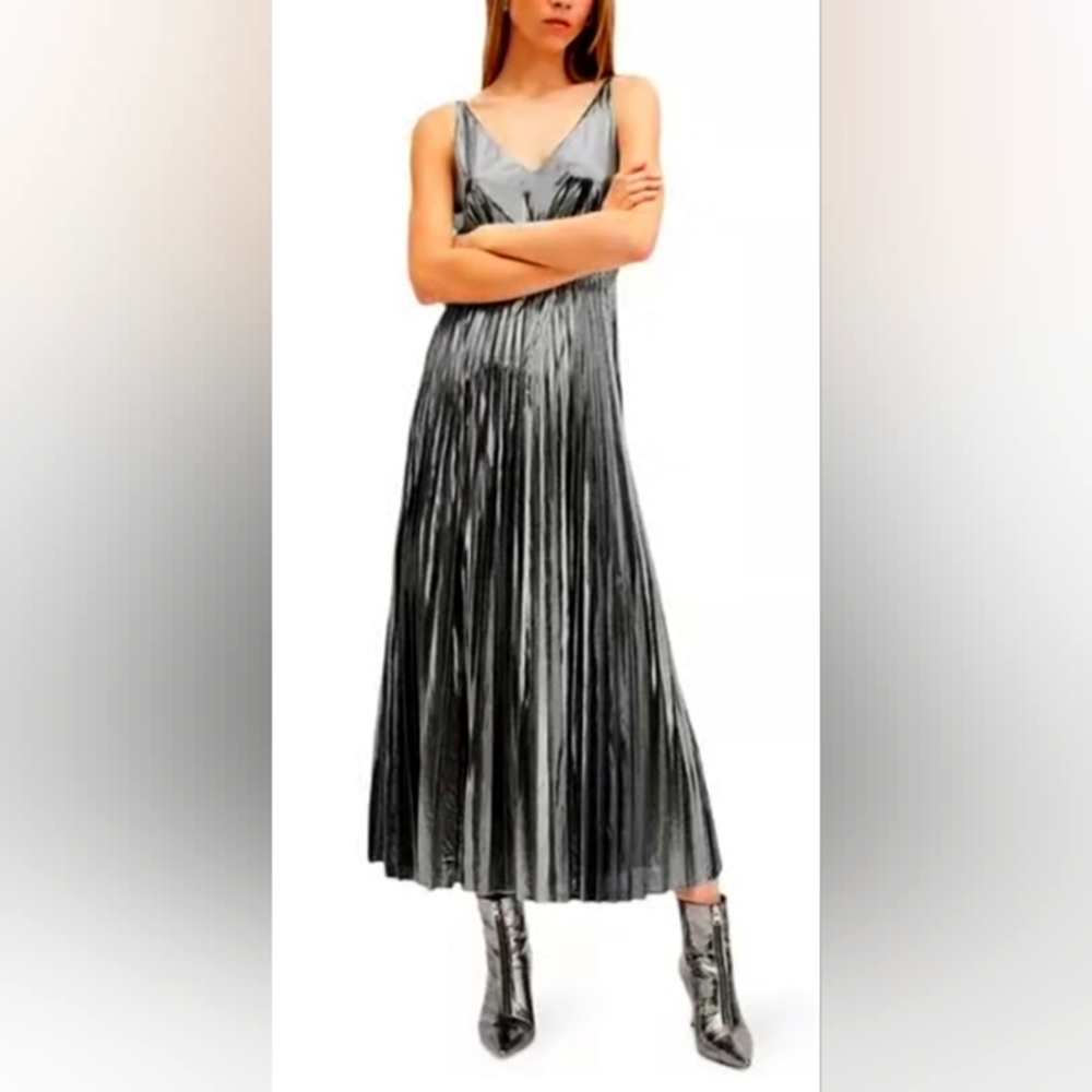 All Saints Spark Pleated Silver  Maxi Dress Size Small NEW